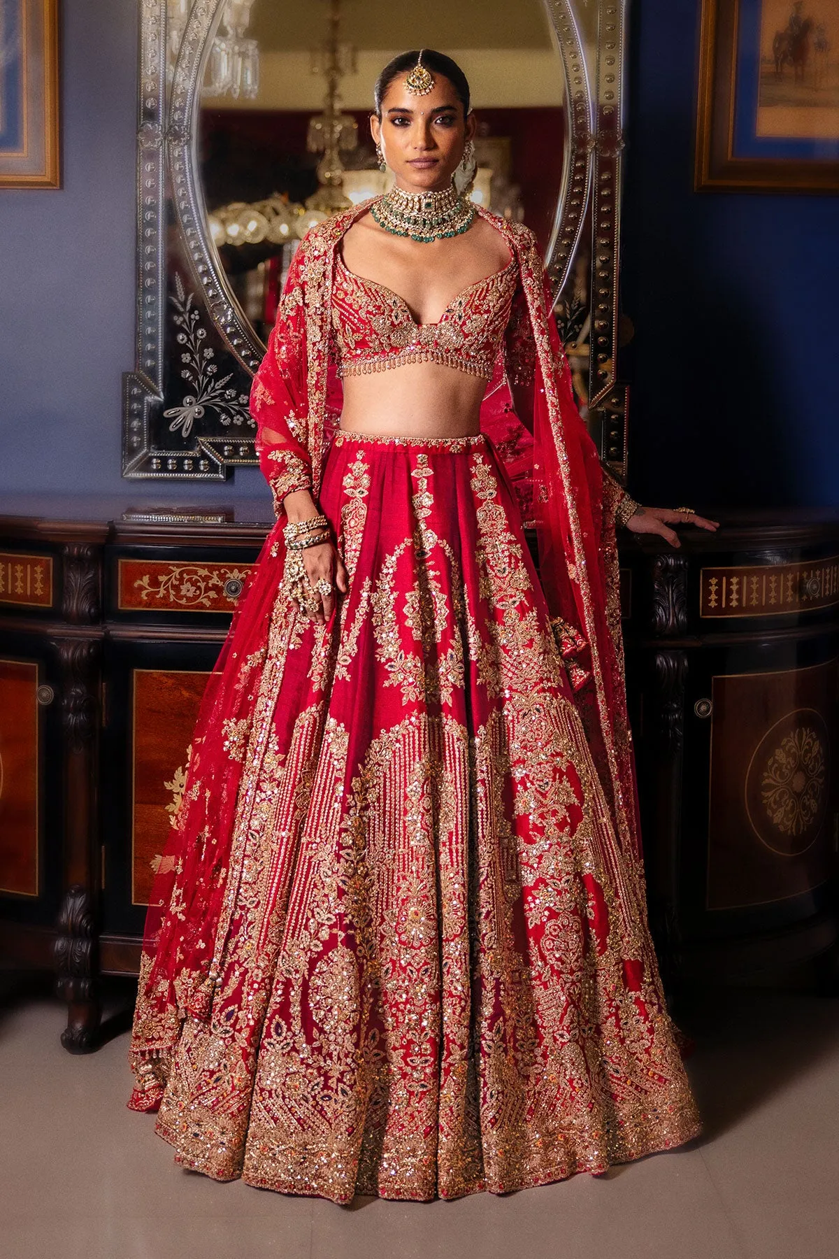 Deep Red Bridal Lehenga with Antique Gold Zardozi Embroidery