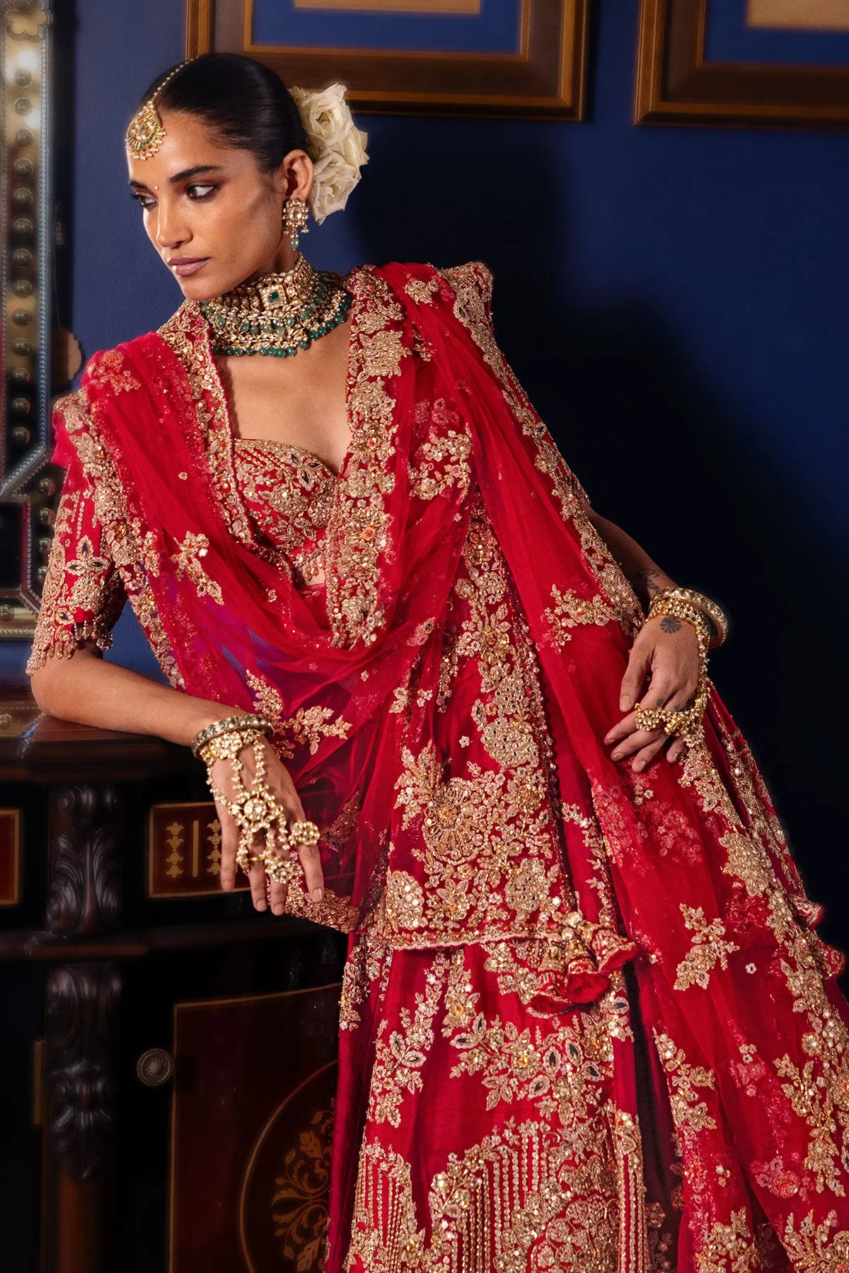 Deep Red Bridal Lehenga with Antique Gold Zardozi Embroidery