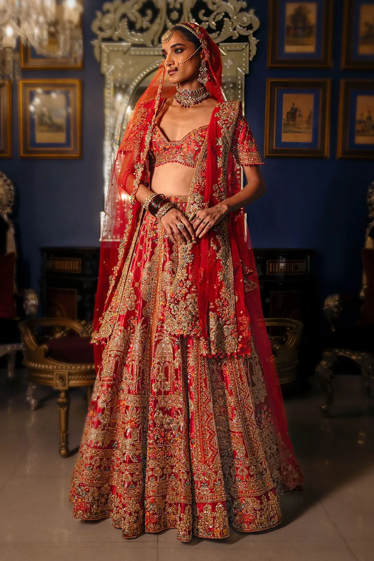 Crimson Red Bridal Lehenga with Heritage Zardozi and Antique Gold Embroidery
