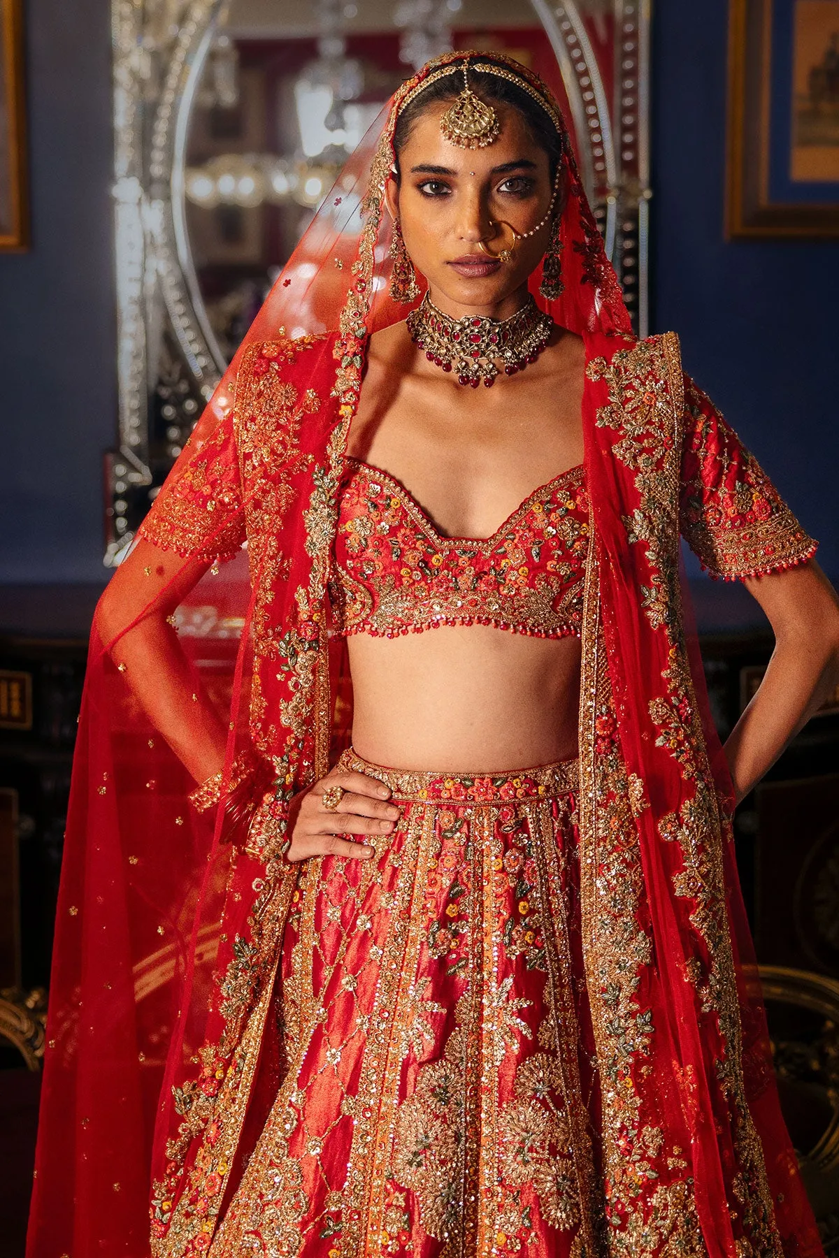 Crimson Red Bridal Lehenga with Heritage Zardozi and Antique Gold Embroidery