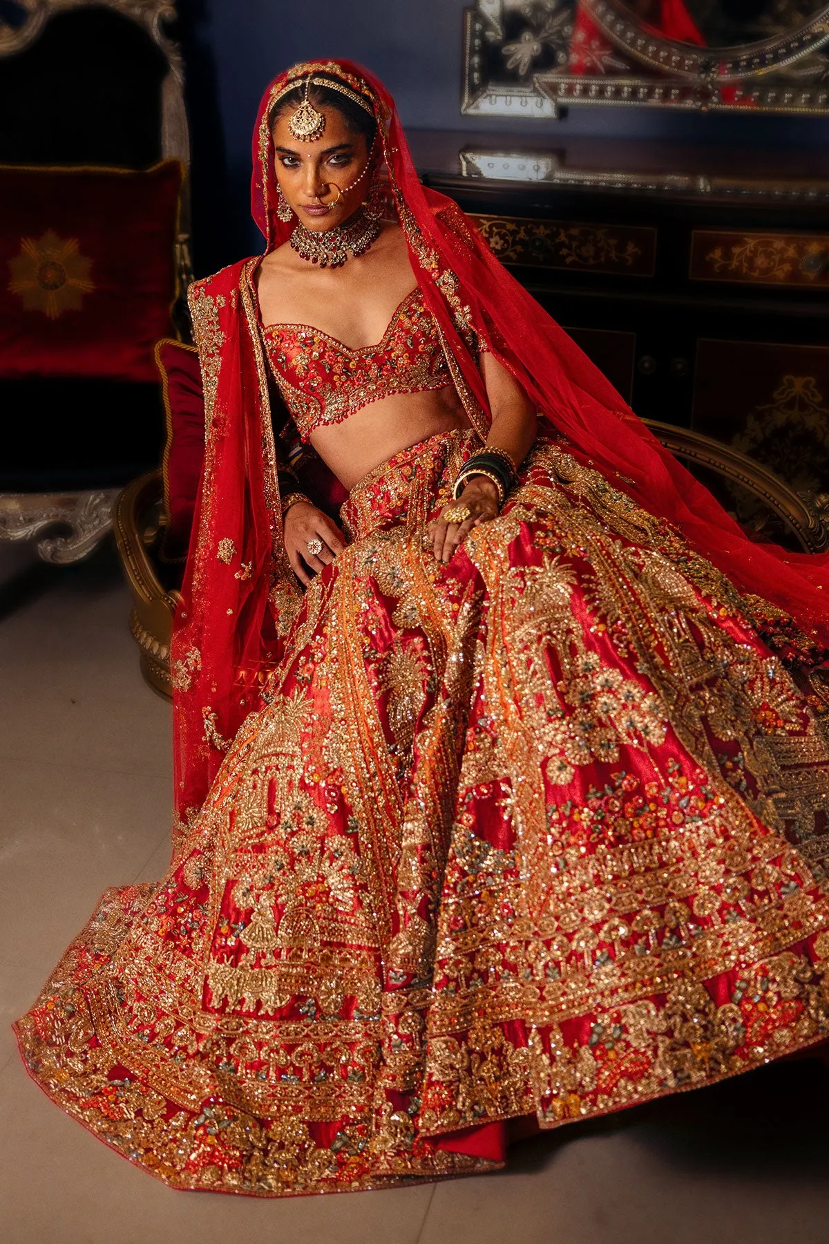 Crimson Red Bridal Lehenga with Heritage Zardozi and Antique Gold Embroidery