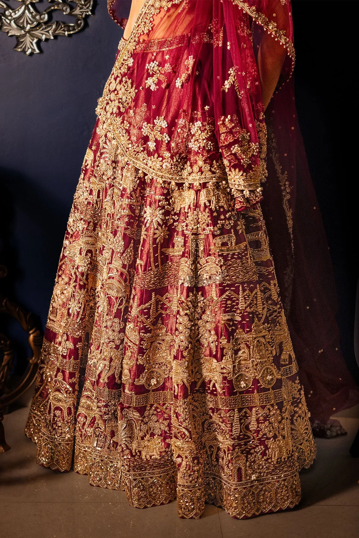 Wine Bridal Lehenga with Antique Gold Zardozi & Palace Motif Embroidery
