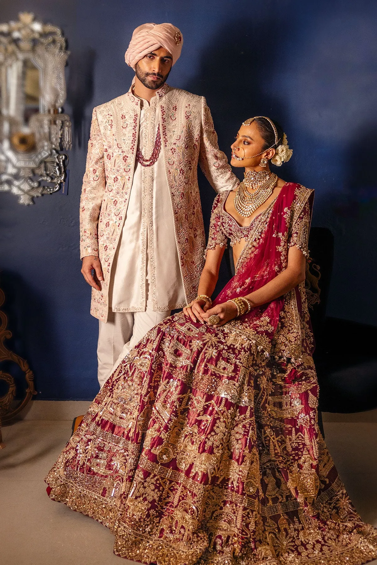 Wine Bridal Lehenga with Antique Gold Zardozi & Palace Motif Embroidery