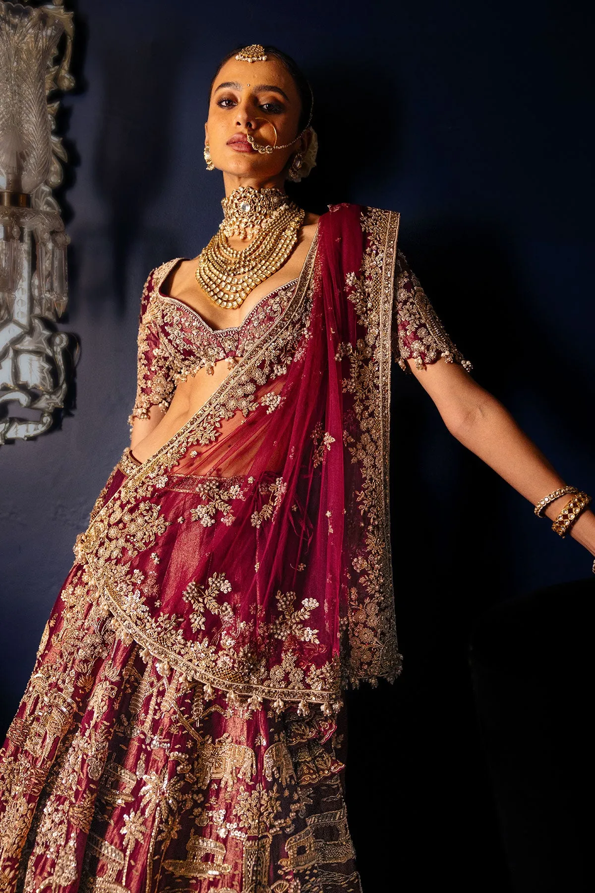 Wine Bridal Lehenga with Antique Gold Zardozi & Palace Motif Embroidery