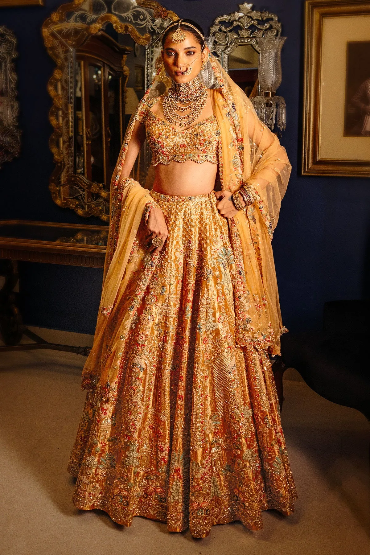 Antique Gold Bridal Lehenga with Multicolour Zardozi & Heritage Motif Embroidery