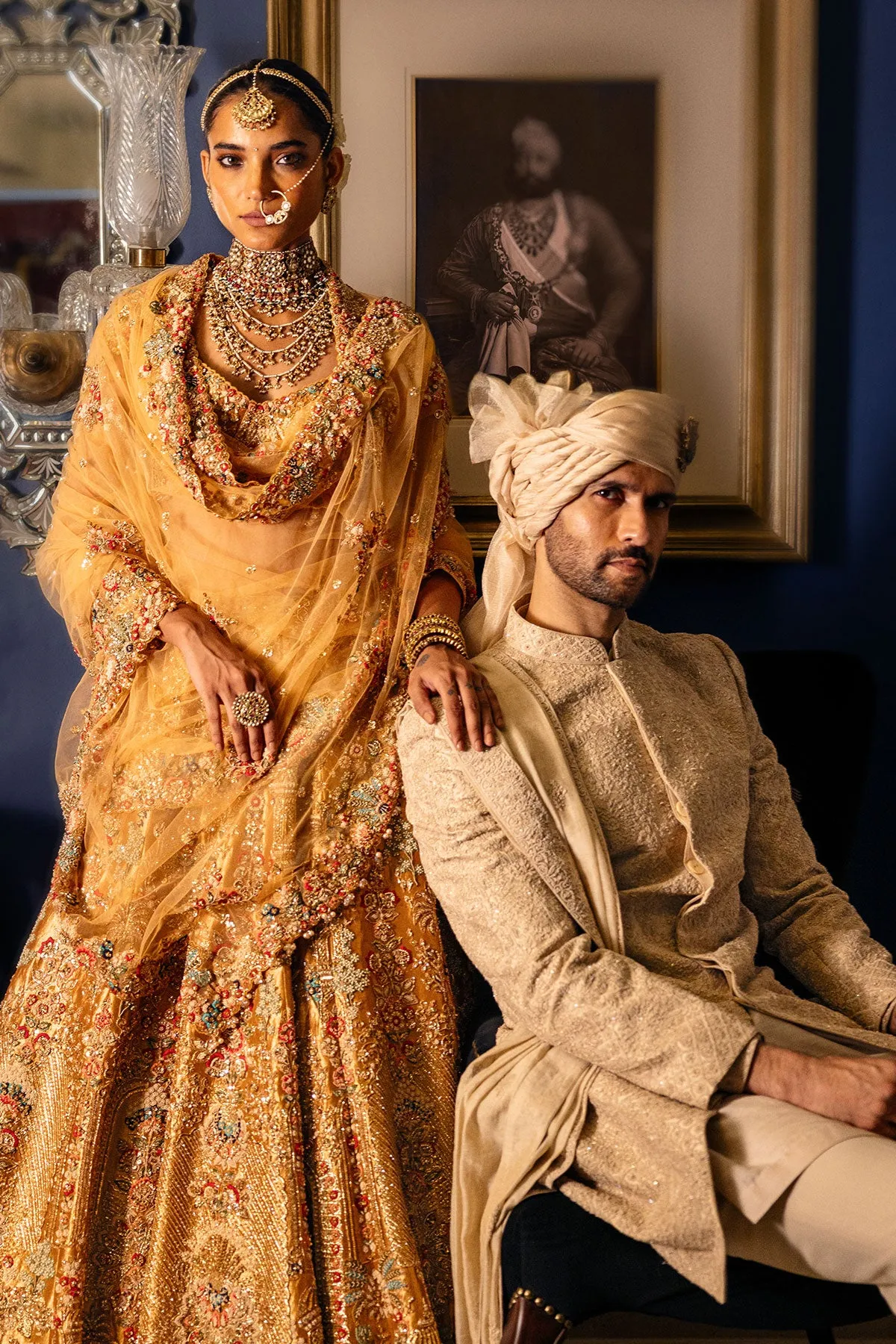 Antique Gold Bridal Lehenga with Multicolour Zardozi & Heritage Motif Embroidery