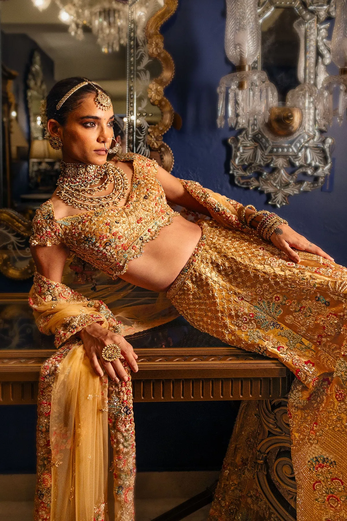 Antique Gold Bridal Lehenga with Multicolour Zardozi & Heritage Motif Embroidery