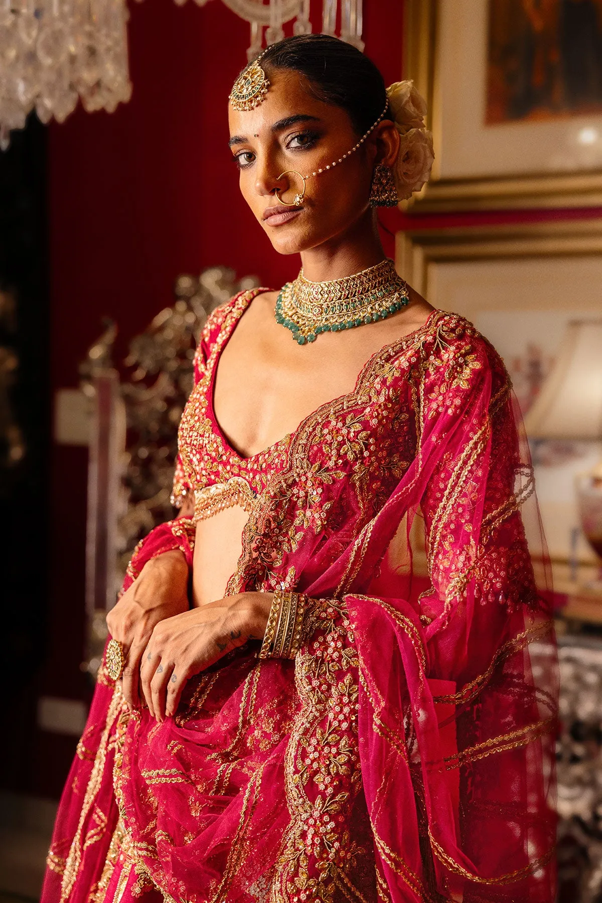  Crimson Red Bridal Lehenga with Intricate Gold Zardozi & Architectural Motif Embroidery