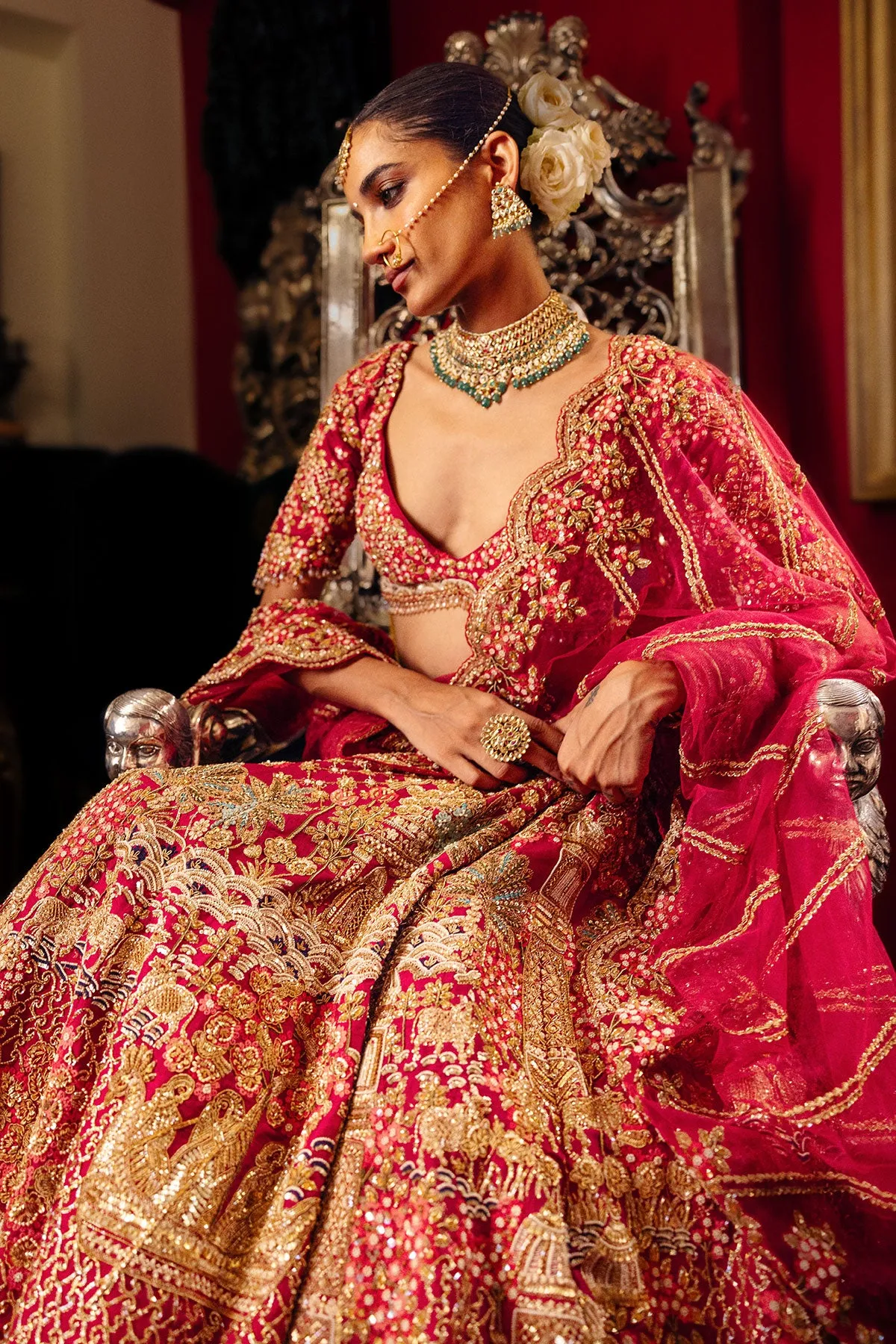 Crimson Red Bridal Lehenga with Intricate Gold Zardozi & Architectural Motif Embroidery