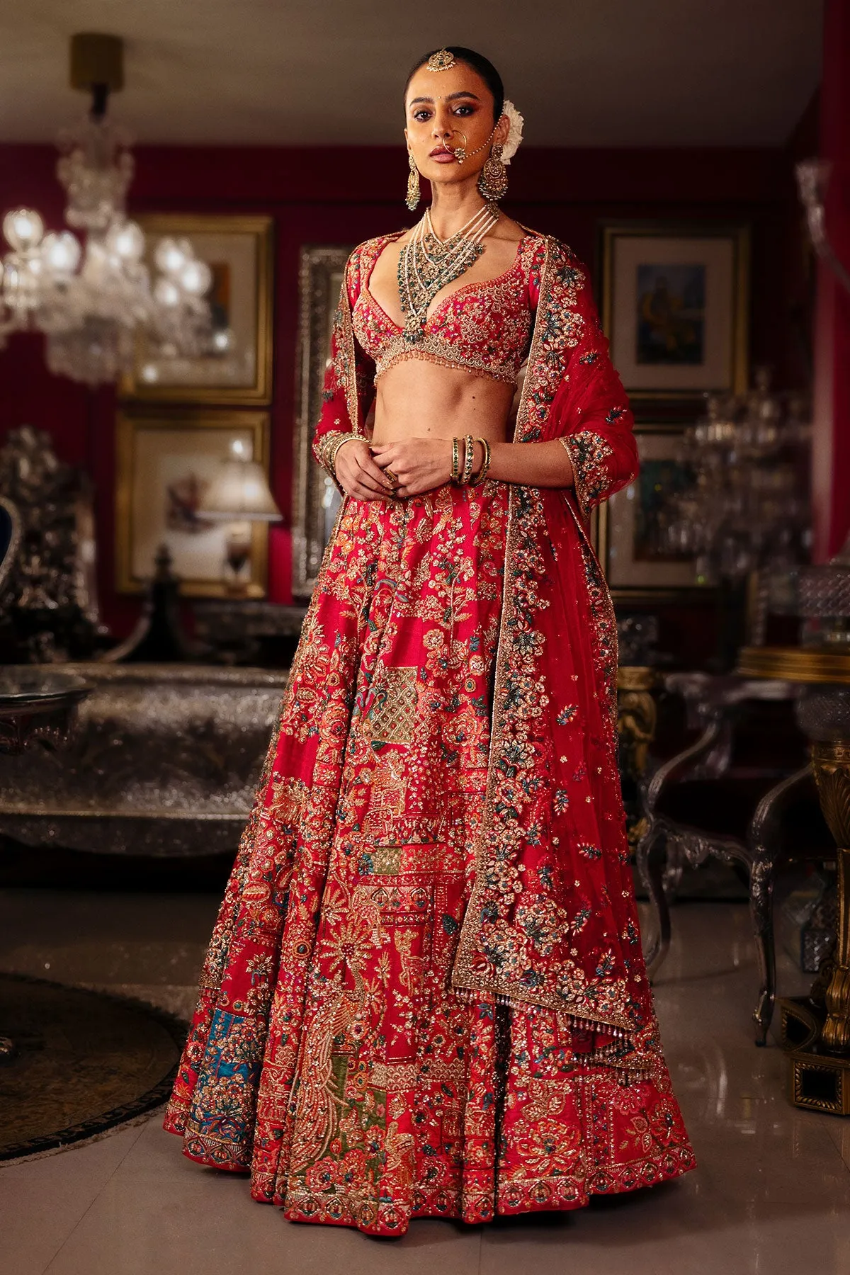 Crimson Bridal Lehenga with Multicolour Zardozi, Zari & Sequin Embroidery