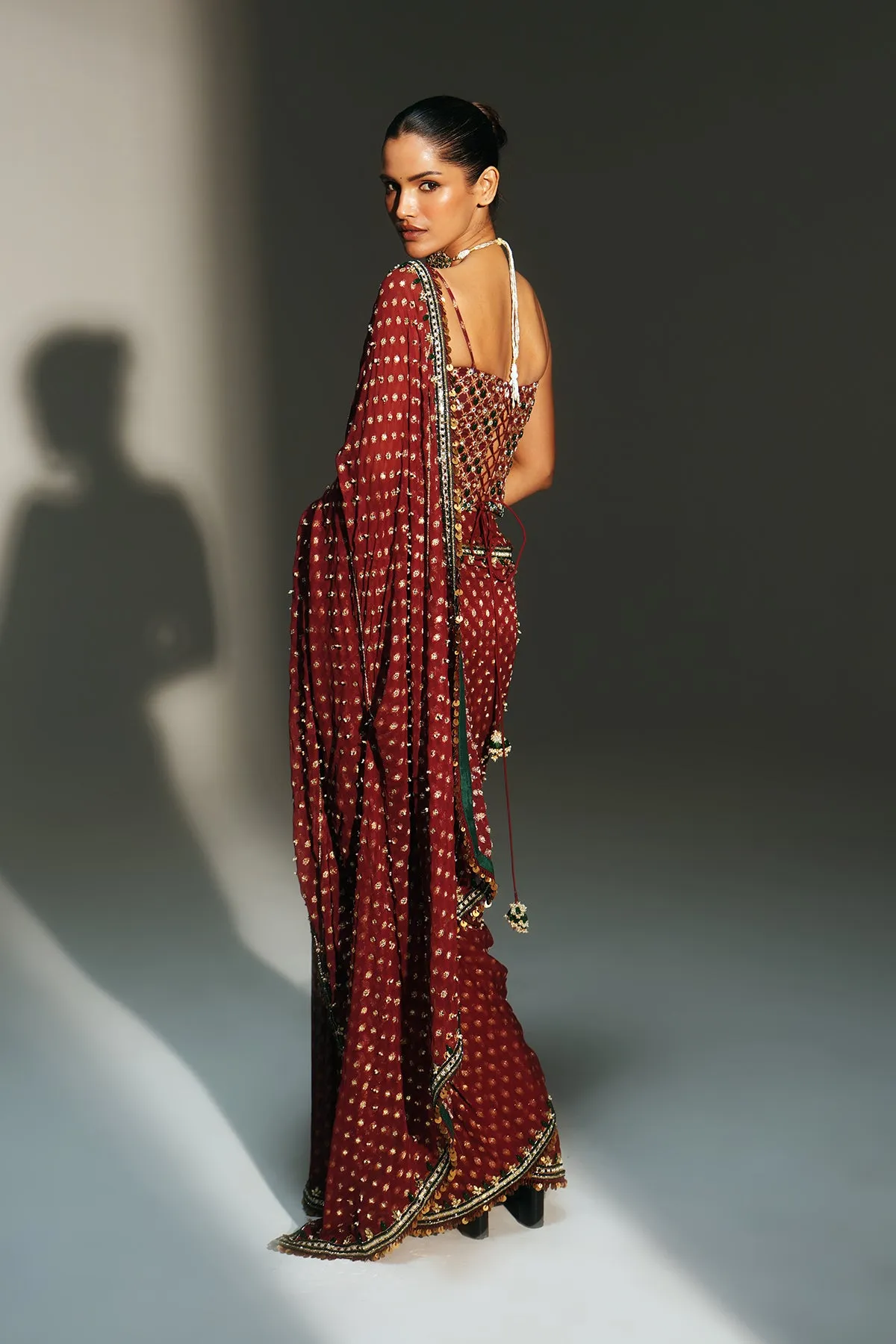 Deep Maroon Embellished Sari with Gold Buti Detailing