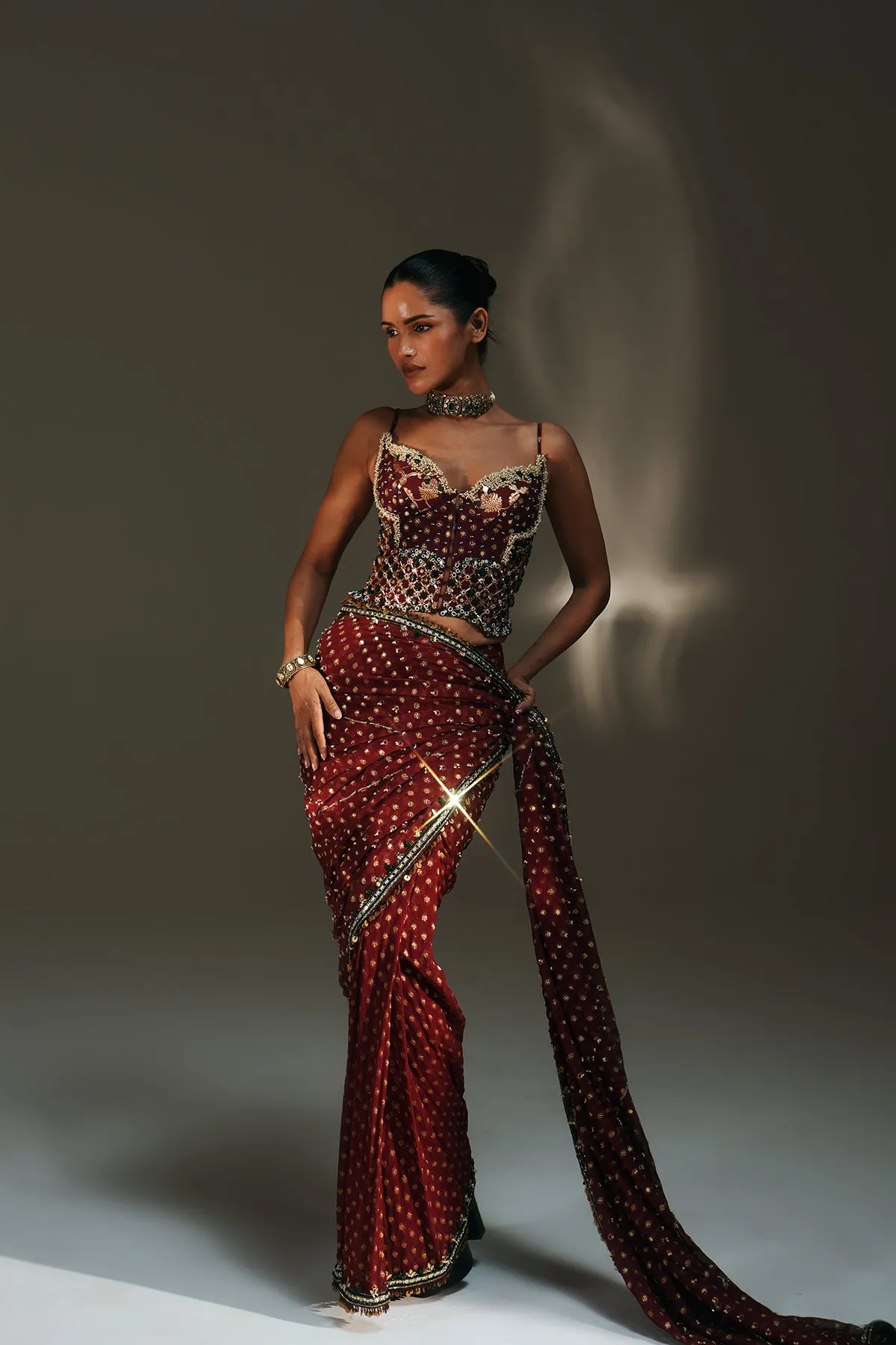 Deep Maroon Embellished Sari with Gold Buti Detailing