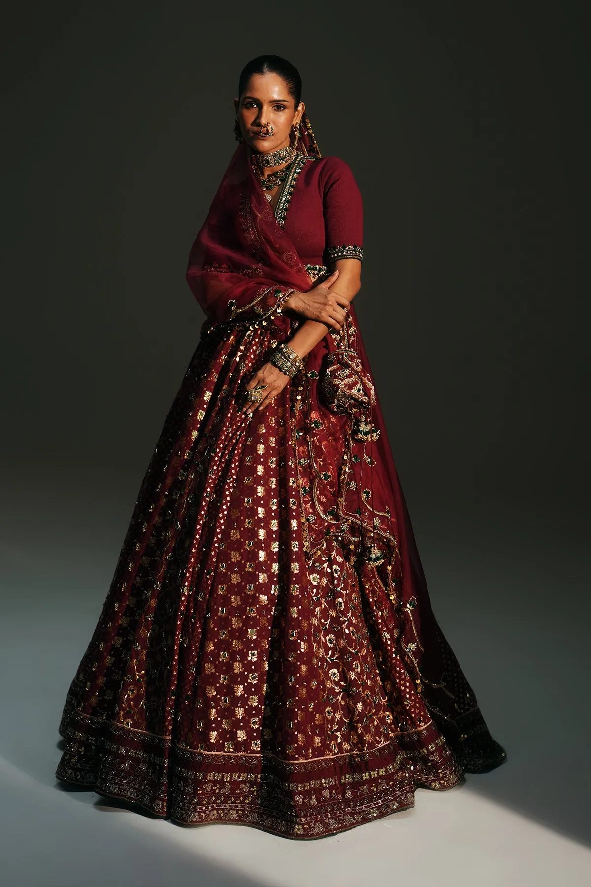 Deep Wine Embellished Lehenga with Gold Foil Motifs