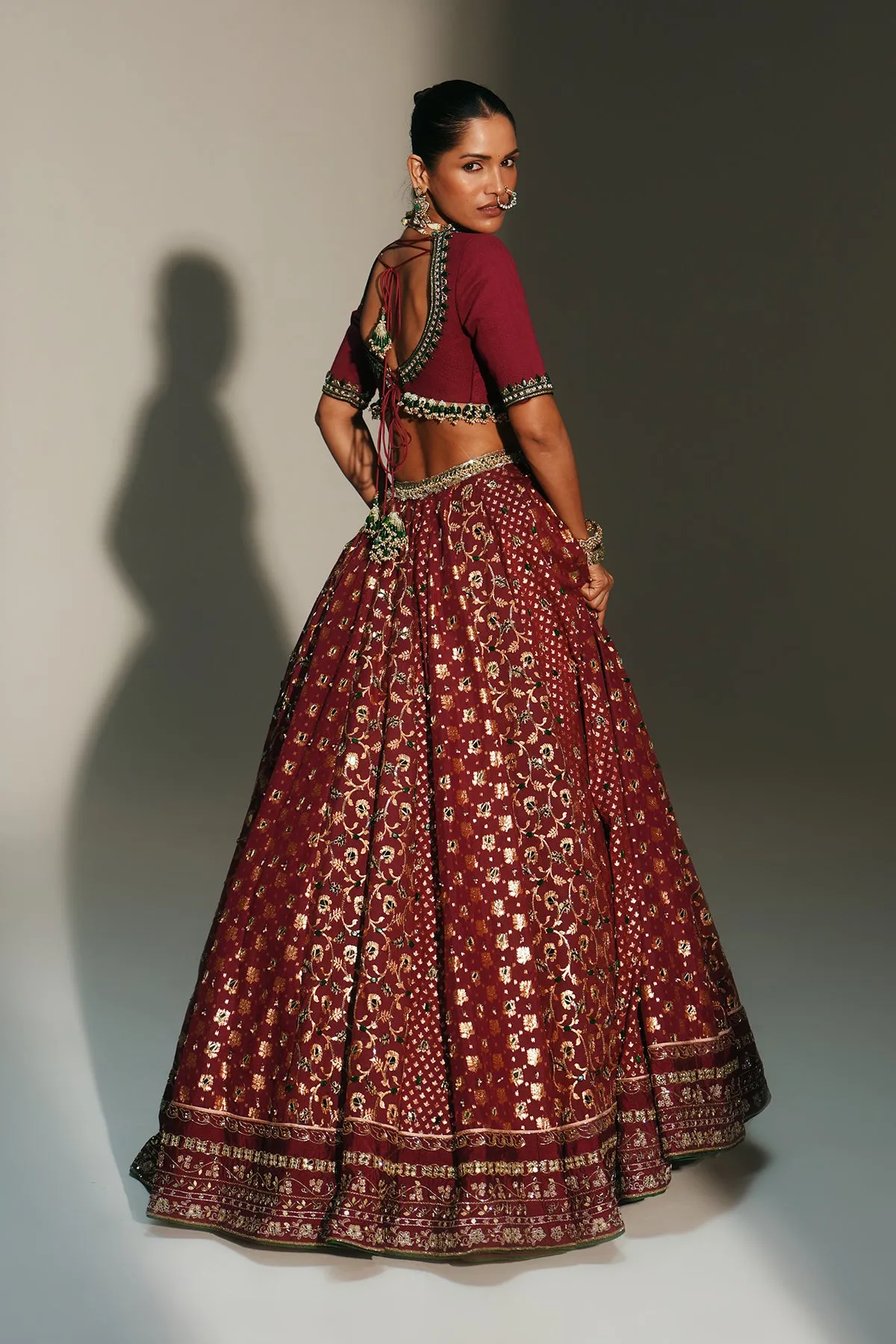 Deep Wine Embellished Lehenga with Gold Foil Motifs