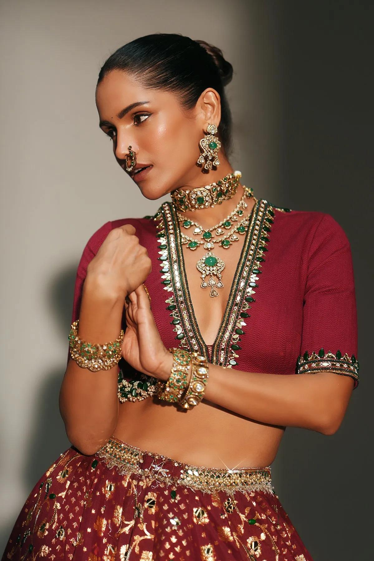 Deep Wine Embellished Lehenga with Gold Foil Motifs