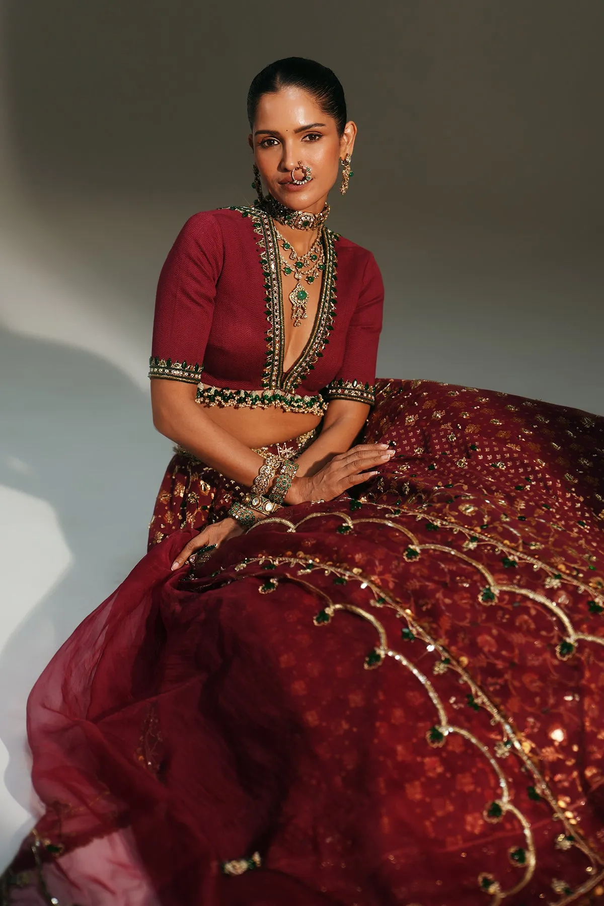 Deep Wine Embellished Lehenga with Gold Foil Motifs