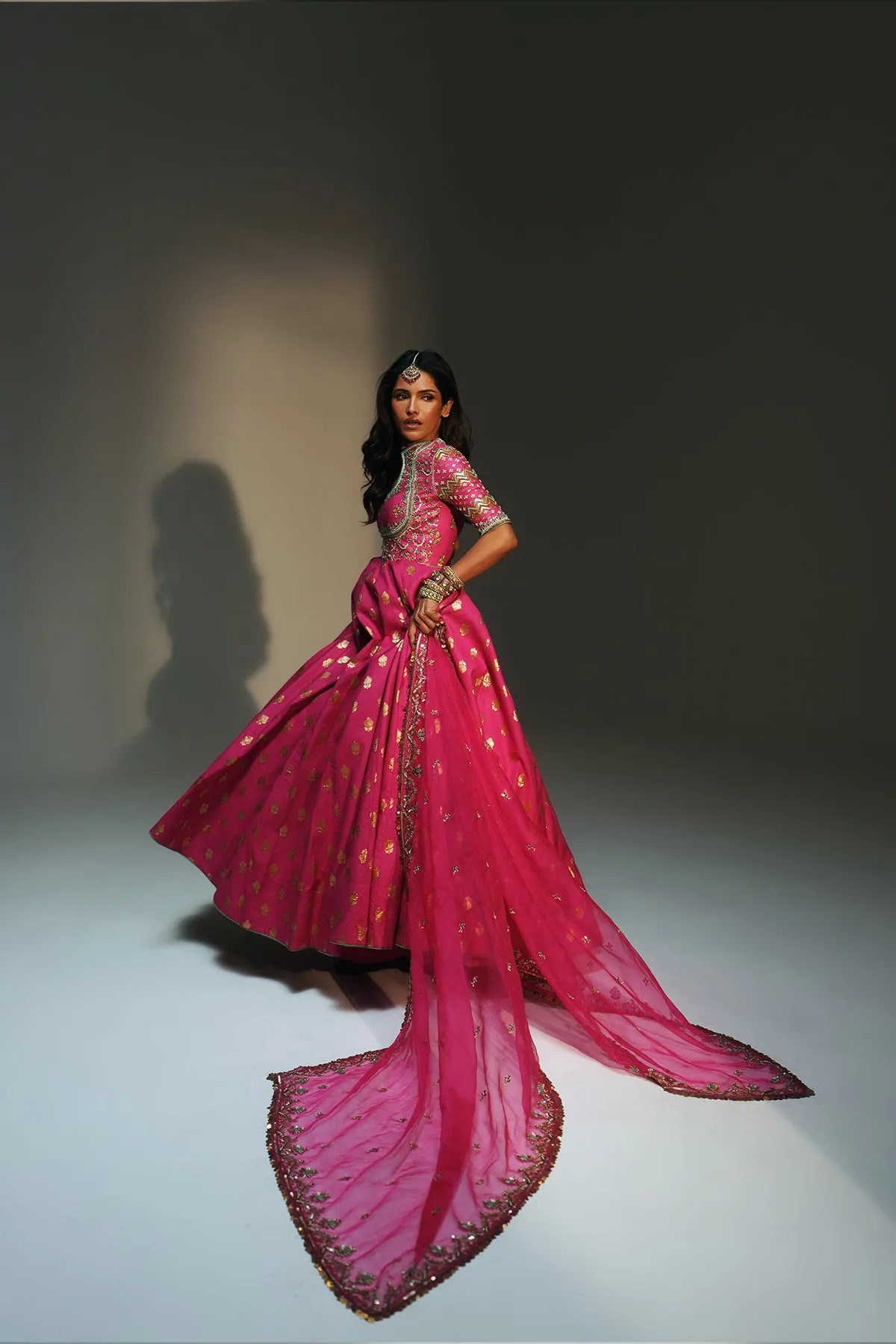 Fuchsia Pink Lehenga with Gold Buti Motifs and Embroidered Blouse