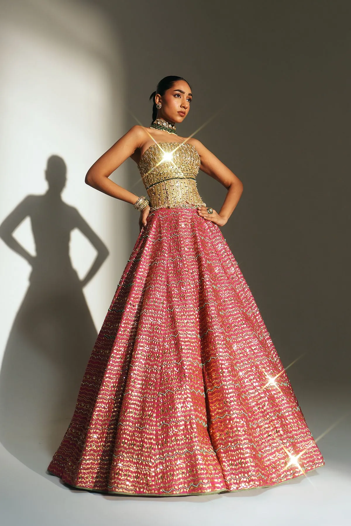 Rose Gold Textured Lehenga with Metallic Weave Skirt