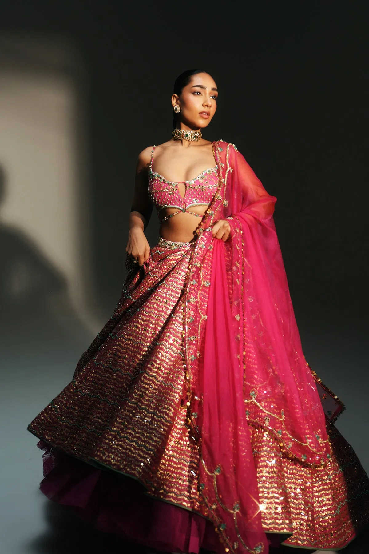 Hot Pink Lehenga with Metallic Gold Weave and Sheer Dupatta