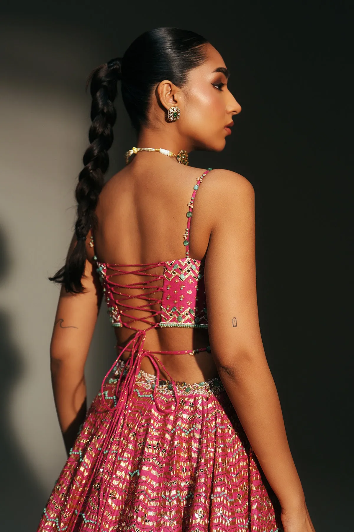 Hot Pink Lehenga with Metallic Gold Weave and Sheer Dupatta