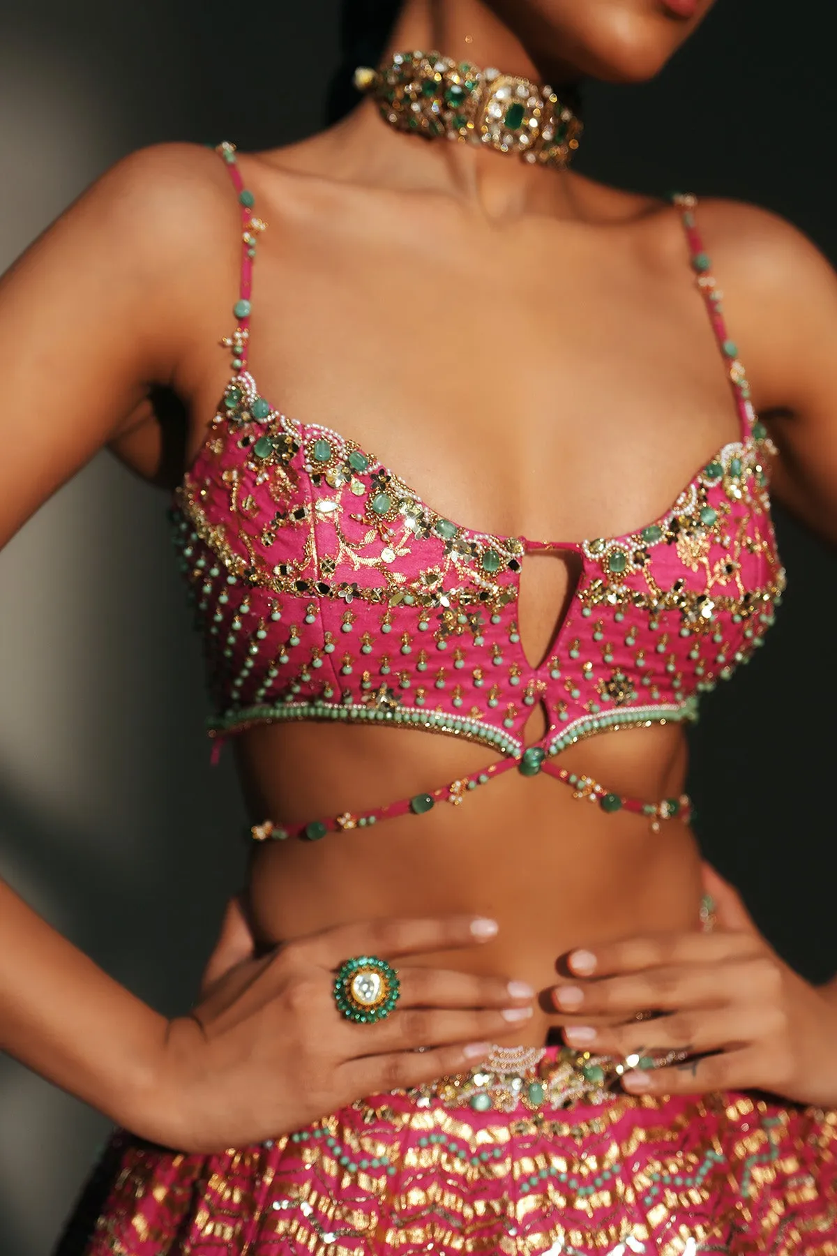 Hot Pink Lehenga with Metallic Gold Weave and Sheer Dupatta