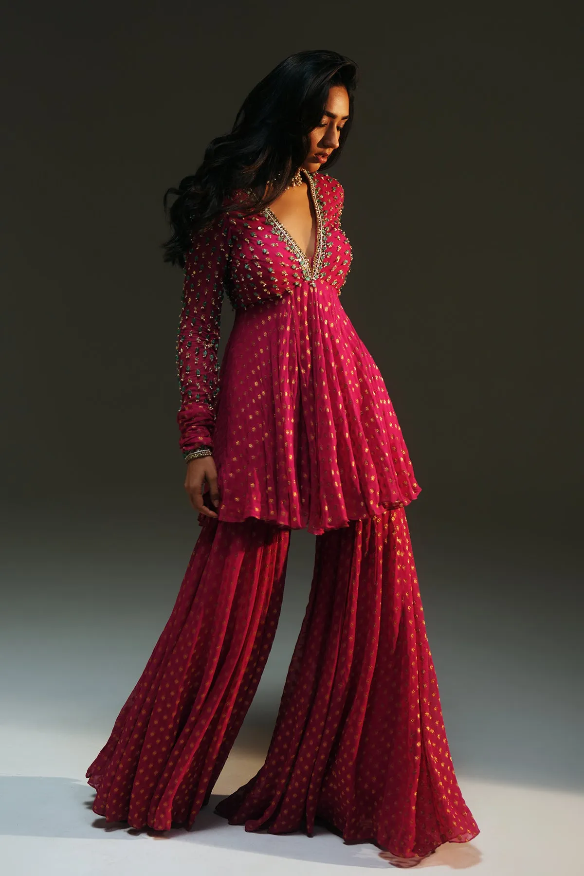 Hot Pink Embellished Sharara Set with Flared Pants