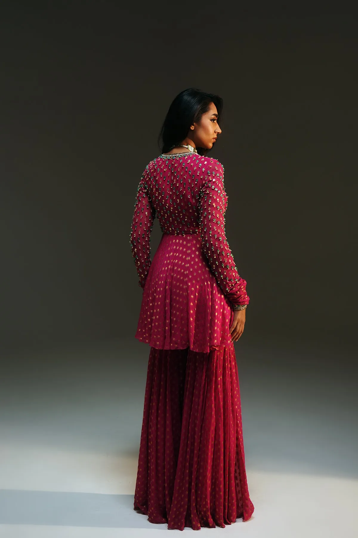 Hot Pink Embellished Sharara Set with Flared Pants