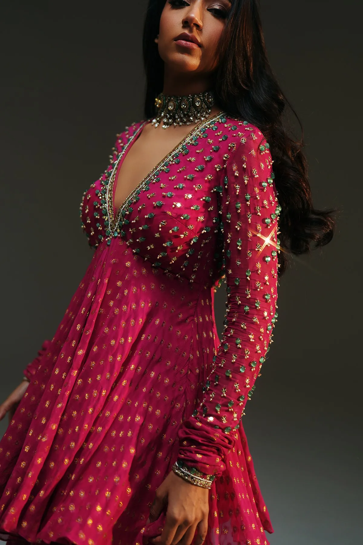 Hot Pink Embellished Sharara Set with Flared Pants
