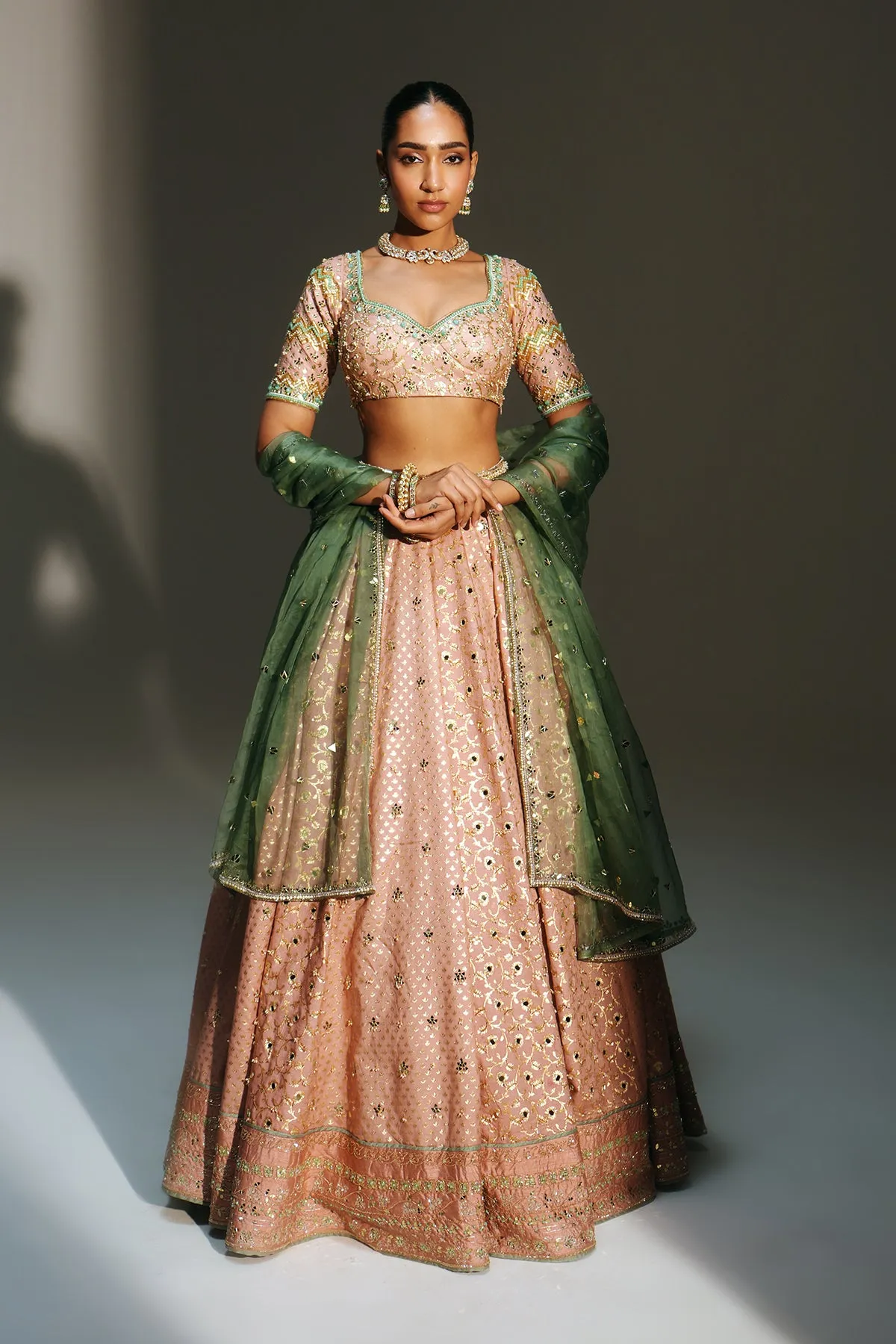 Blush Peach Embellished Lehenga with Emerald Dupatta