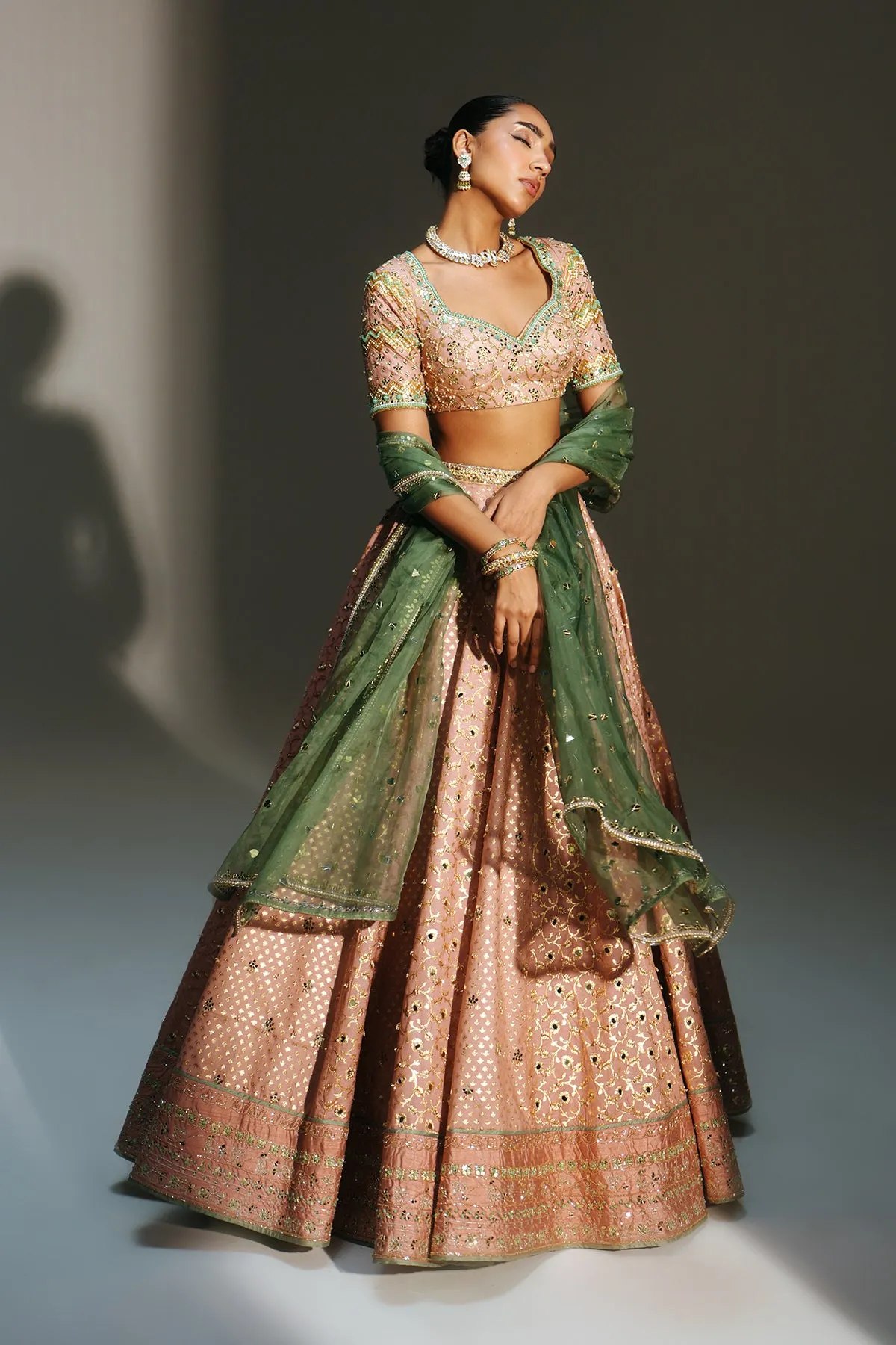 Blush Peach Embellished Lehenga with Emerald Dupatta