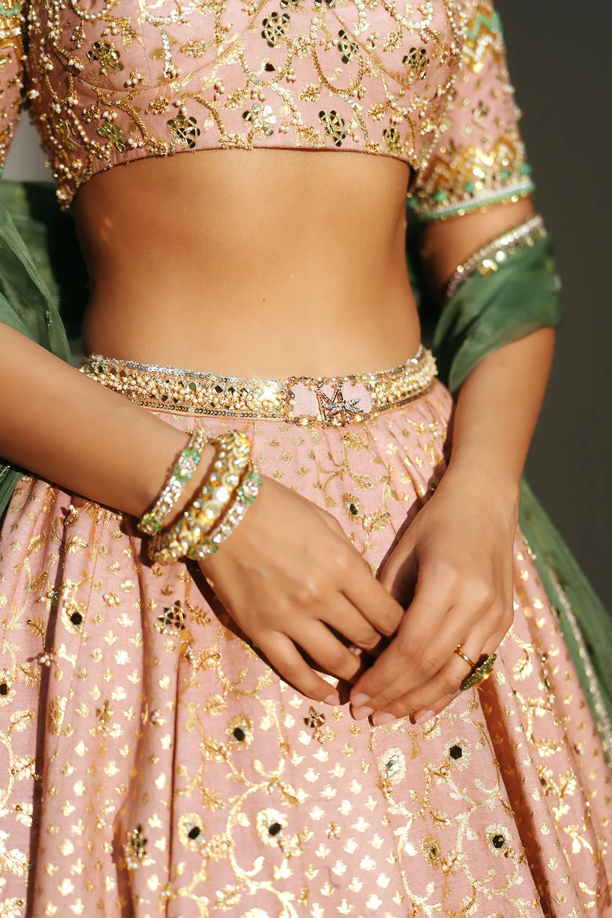 Blush Peach Embellished Lehenga with Emerald Dupatta