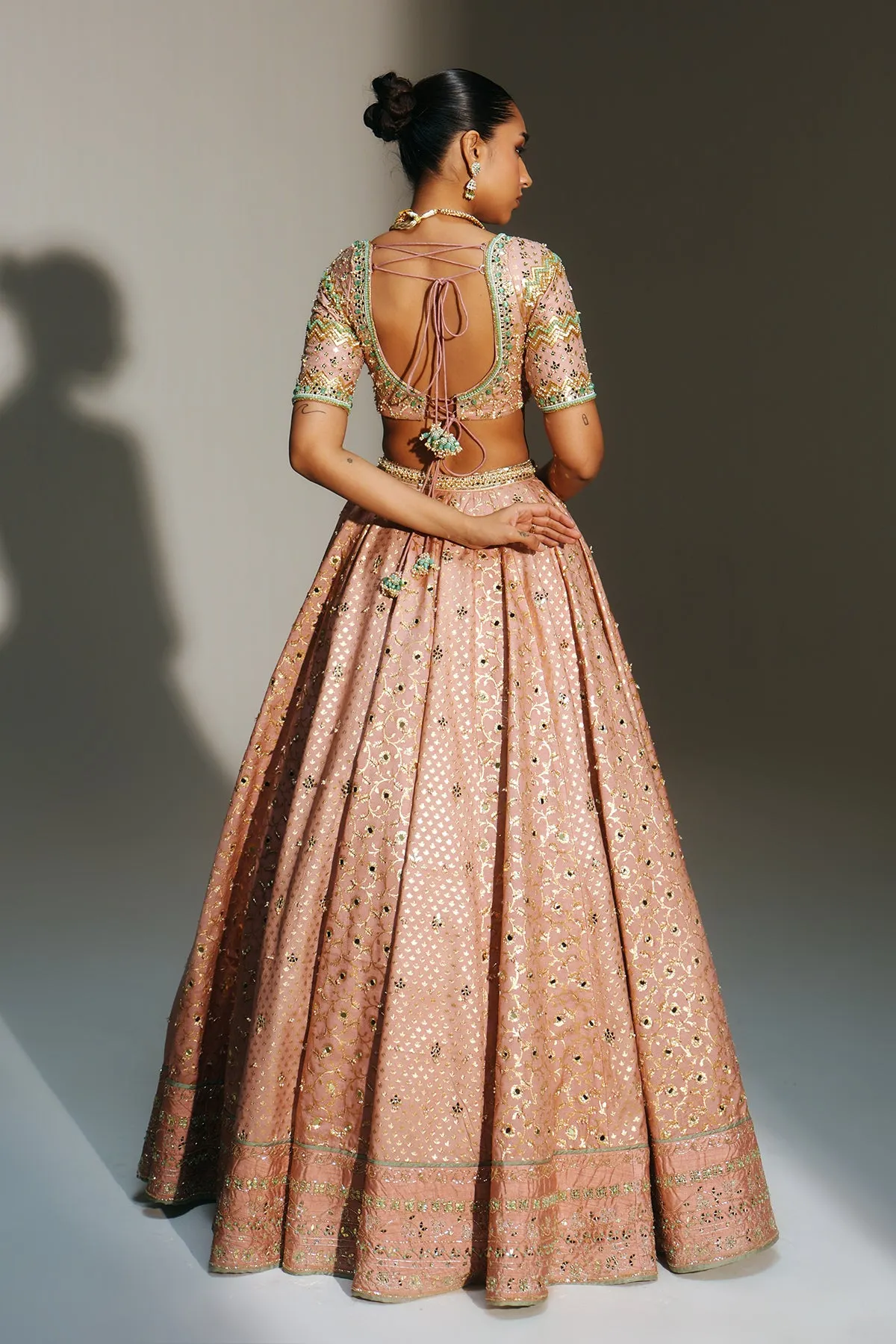 Blush Peach Embellished Lehenga with Emerald Dupatta