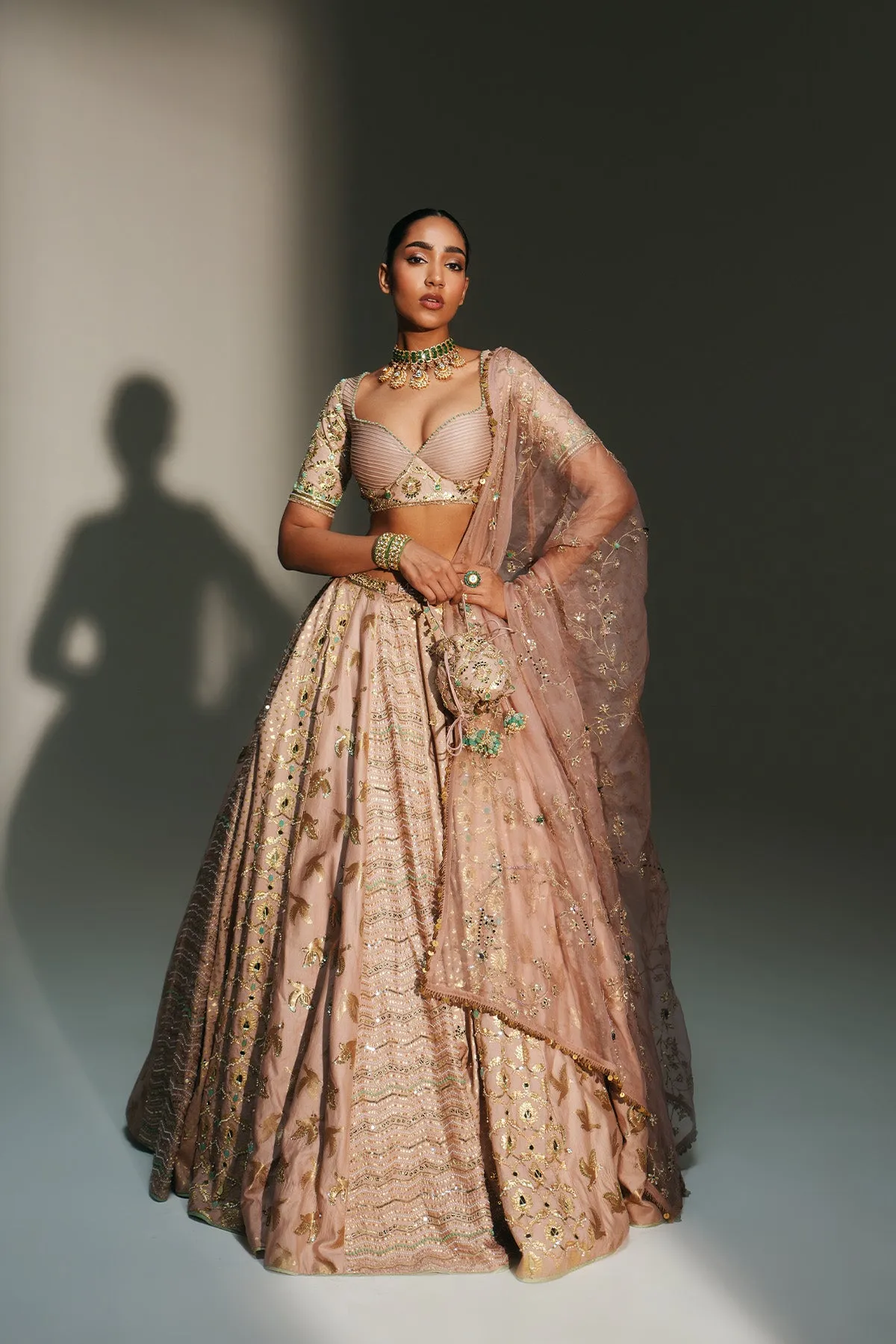 Soft Rose Gold Embellished Lehenga with Sheer Dupatta