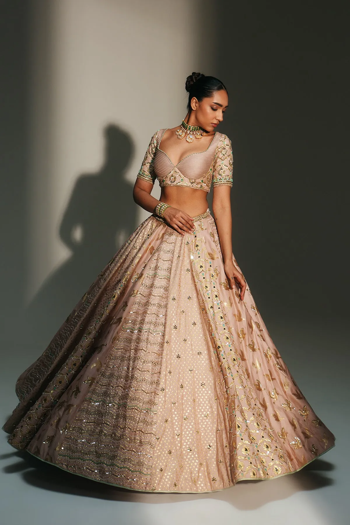 Soft Rose Gold Embellished Lehenga with Sheer Dupatta