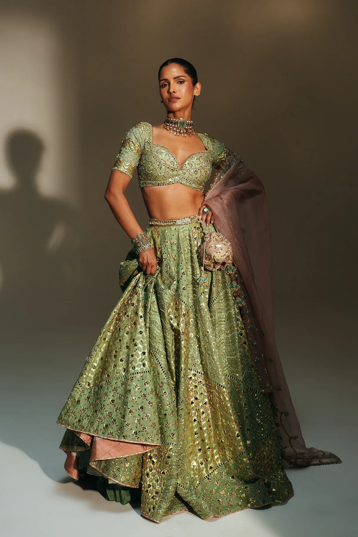 Mint Green Mirrorwork Lehenga with Embellished Blouse