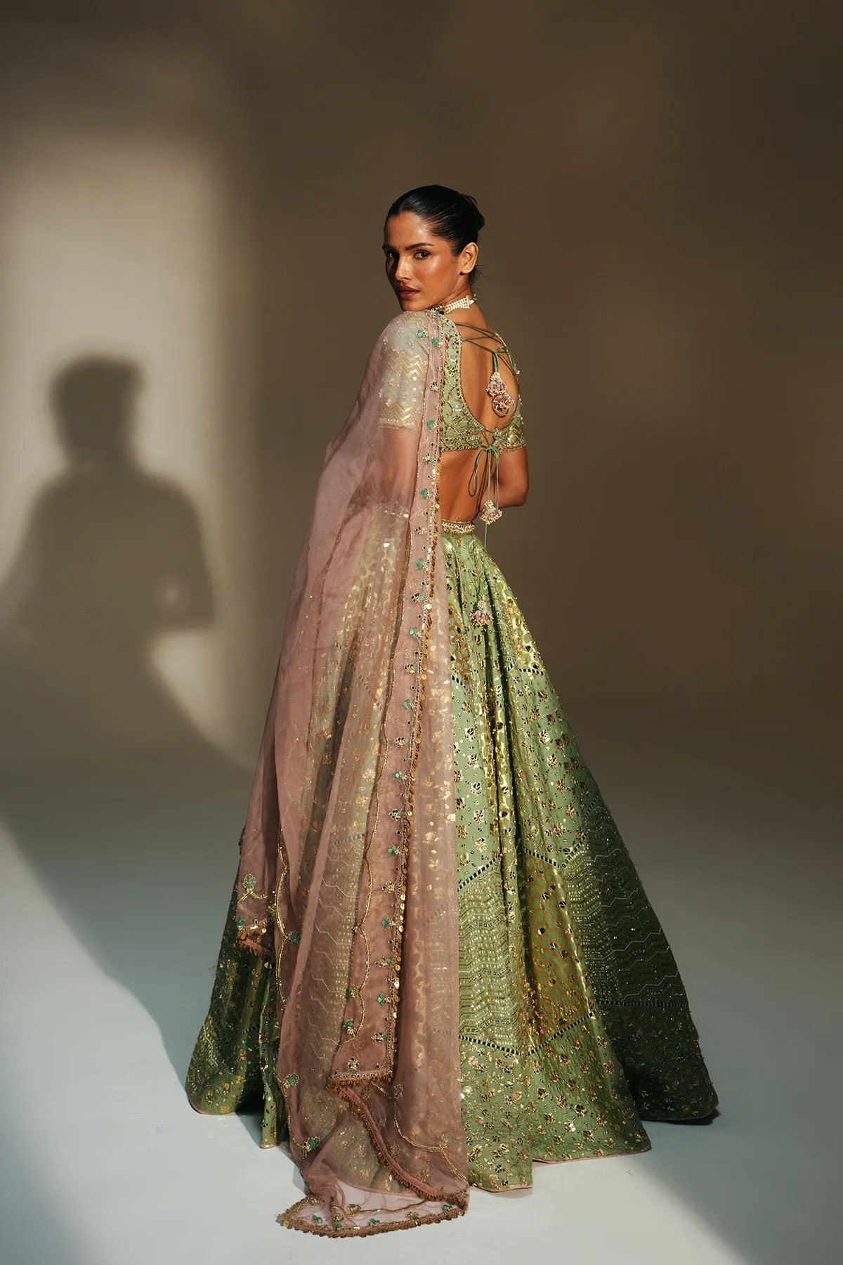 Mint Green Mirrorwork Lehenga with Embellished Blouse