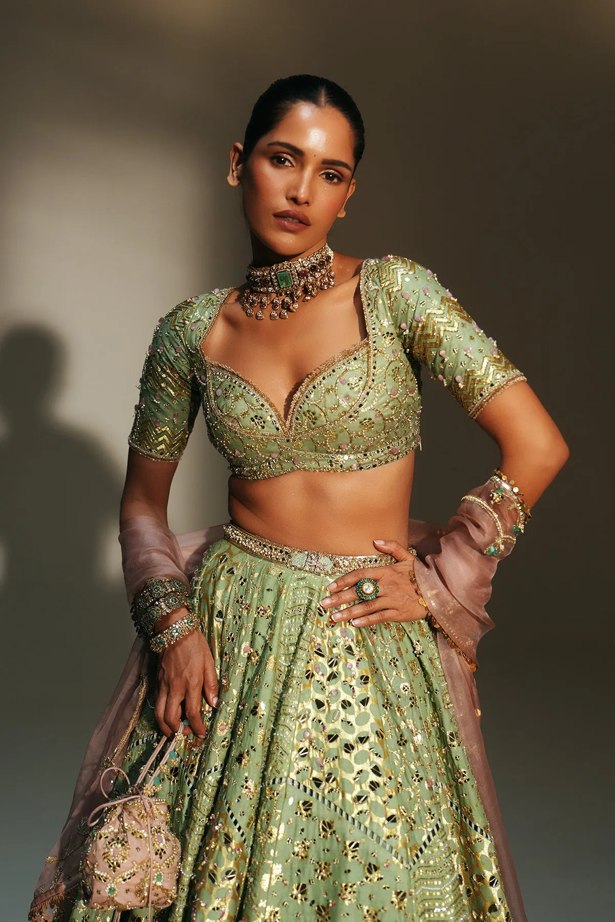 Mint Green Mirrorwork Lehenga with Embellished Blouse