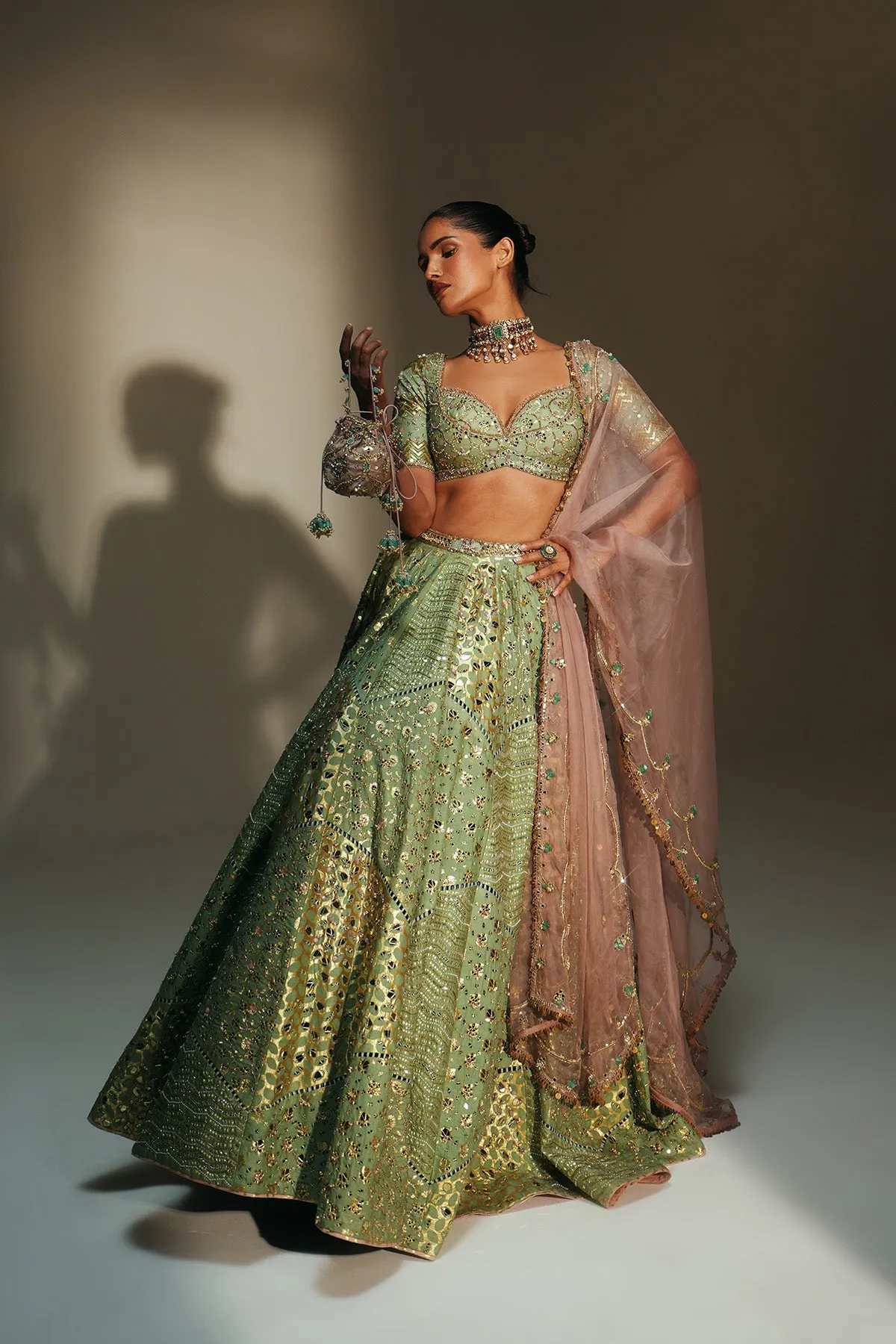 Mint Green Mirrorwork Lehenga with Embellished Blouse