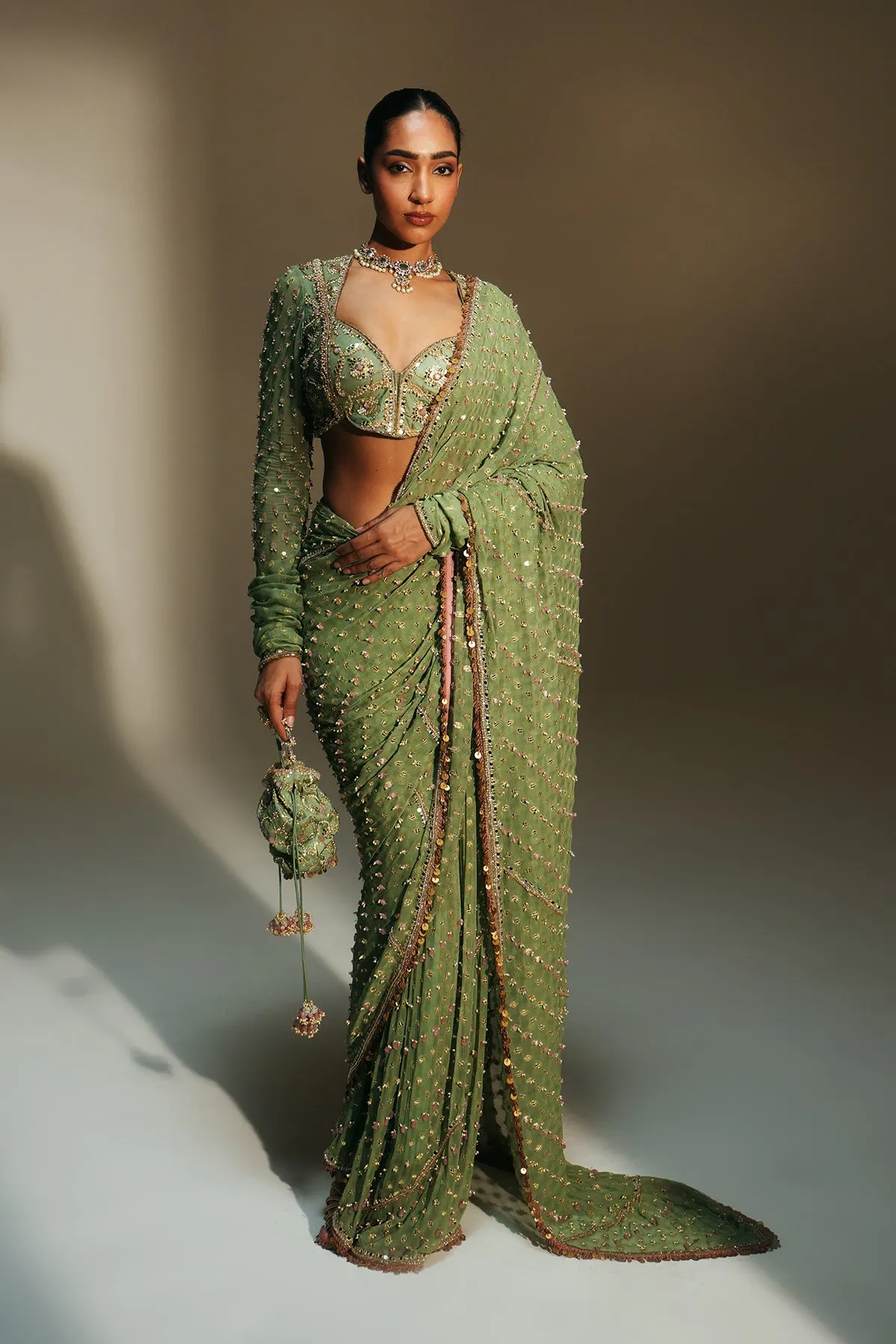 Olive Green Embellished Sari with Handworked Blouse