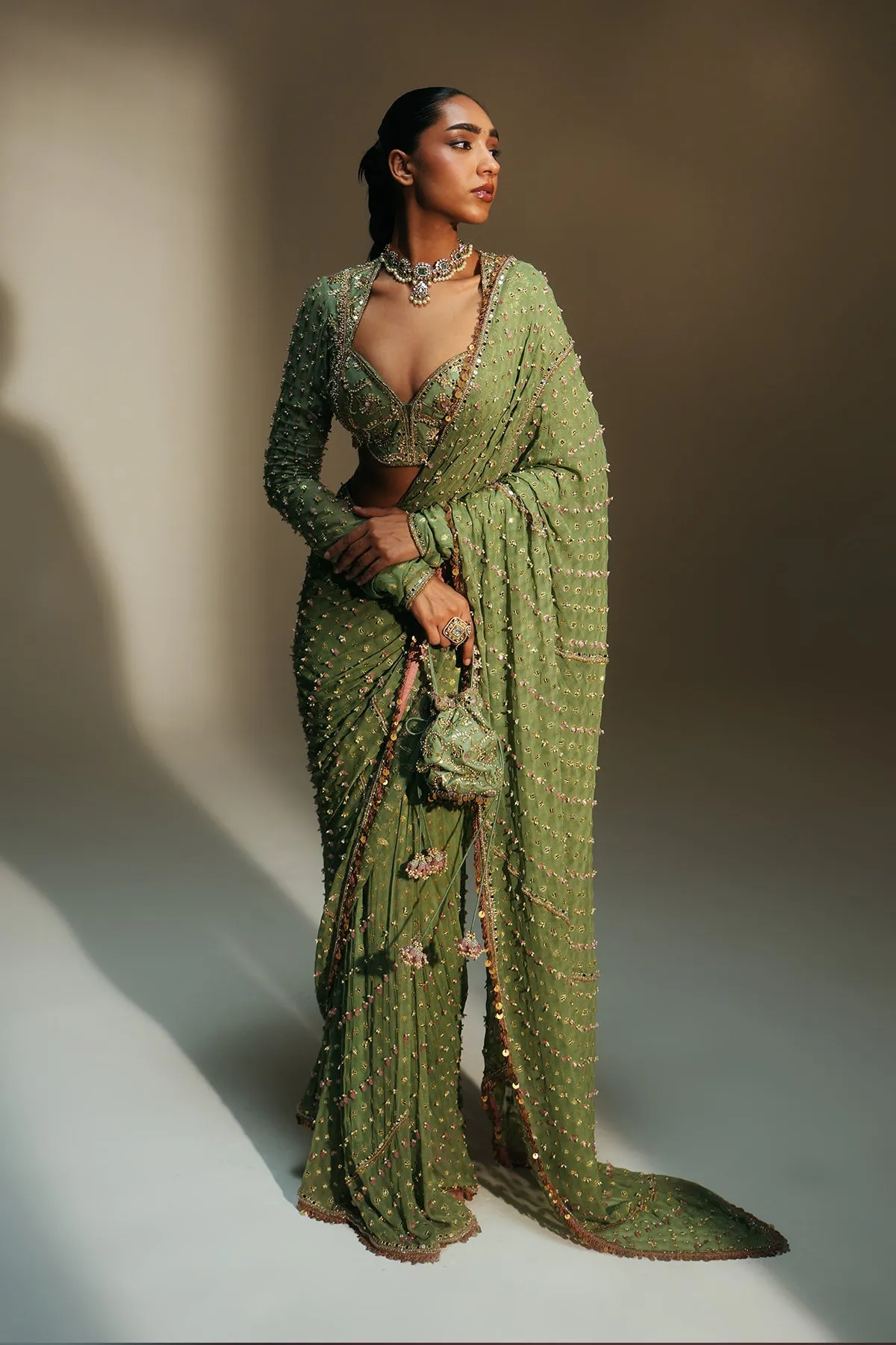 Olive Green Embellished Sari with Handworked Blouse