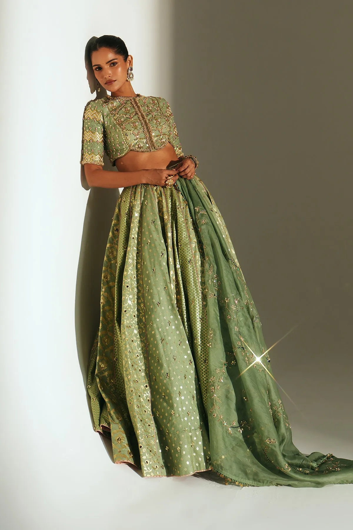 Pistachio Green Embellished Lehenga with Structured Blouse