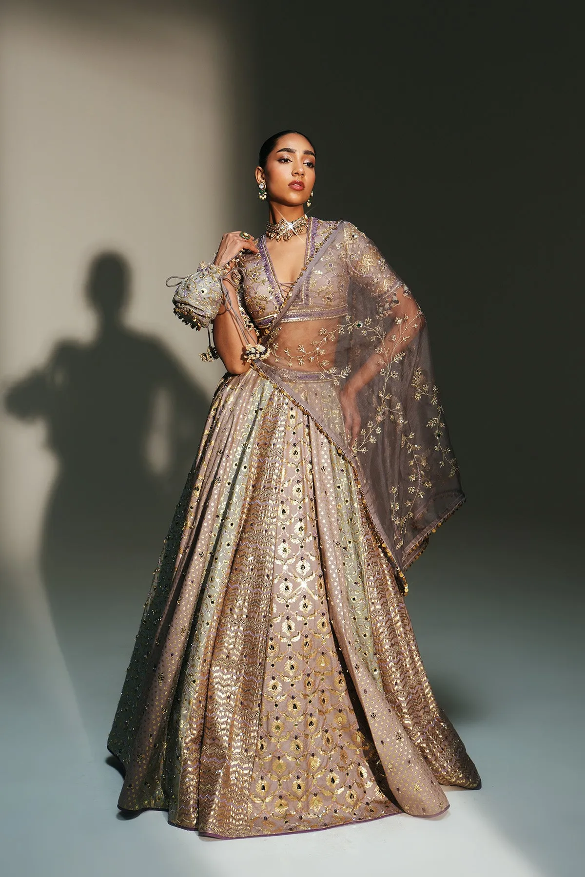 Champagne Gold Embellished Lehenga with Sheer Dupatta