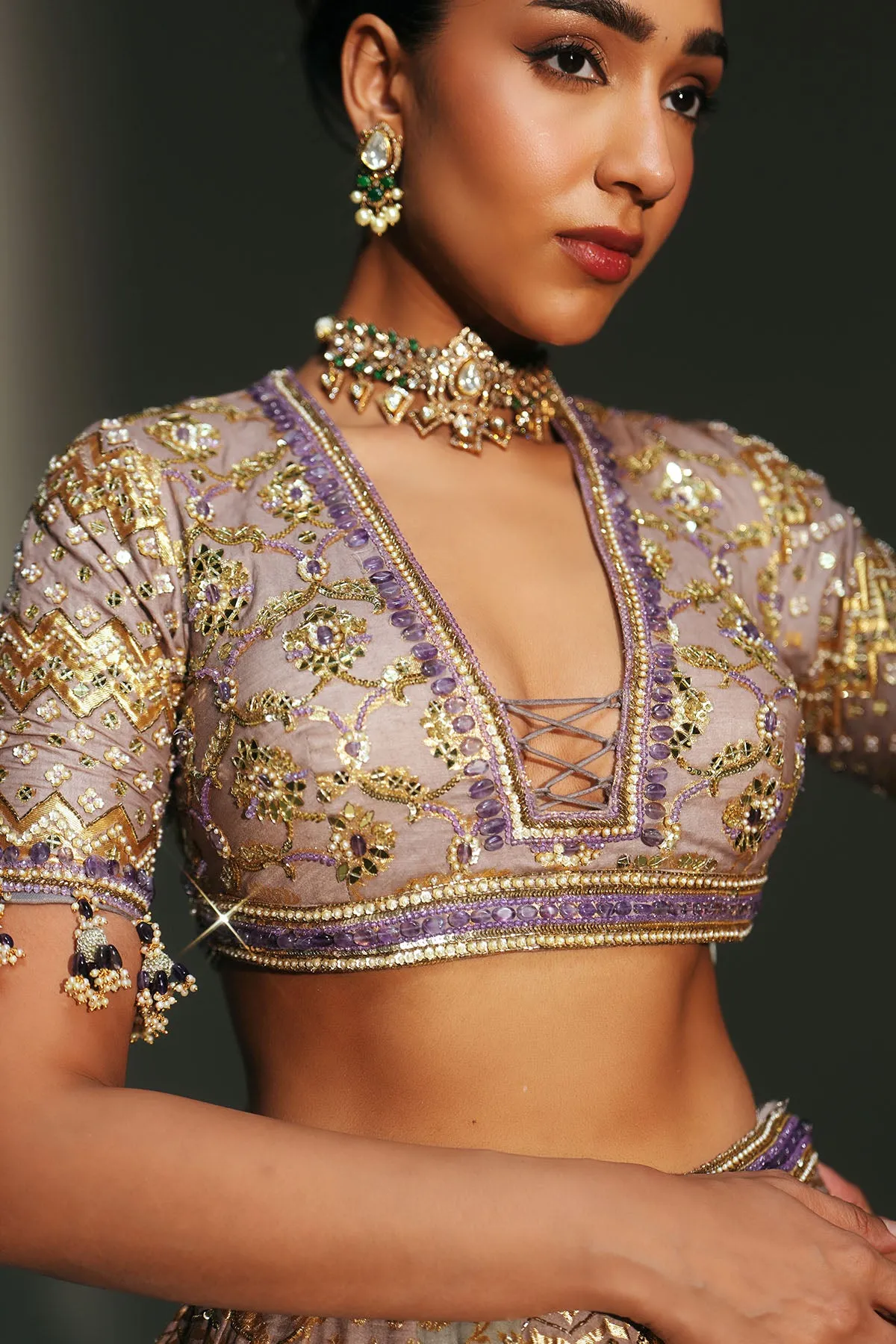 Champagne Gold Embellished Lehenga with Sheer Dupatta