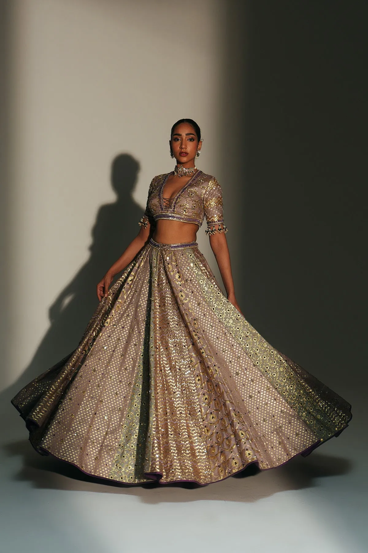 Champagne Gold Embellished Lehenga with Sheer Dupatta