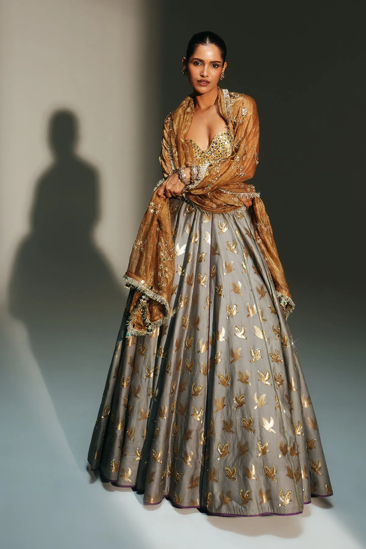 Dove Grey Lehenga with Antique Gold Bird Motif Embroidery