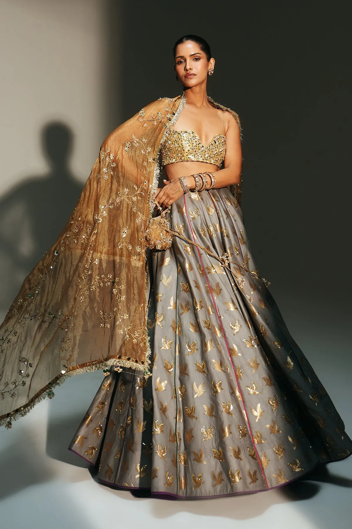 Dove Grey Lehenga with Antique Gold Bird Motif Embroidery