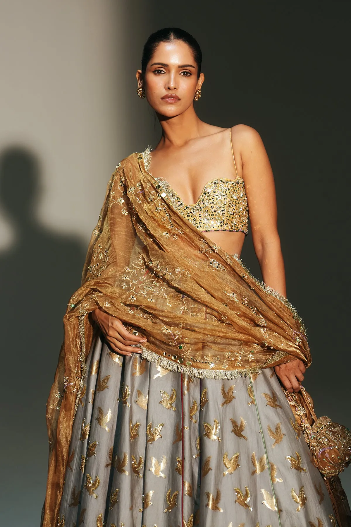 Dove Grey Lehenga with Antique Gold Bird Motif Embroidery