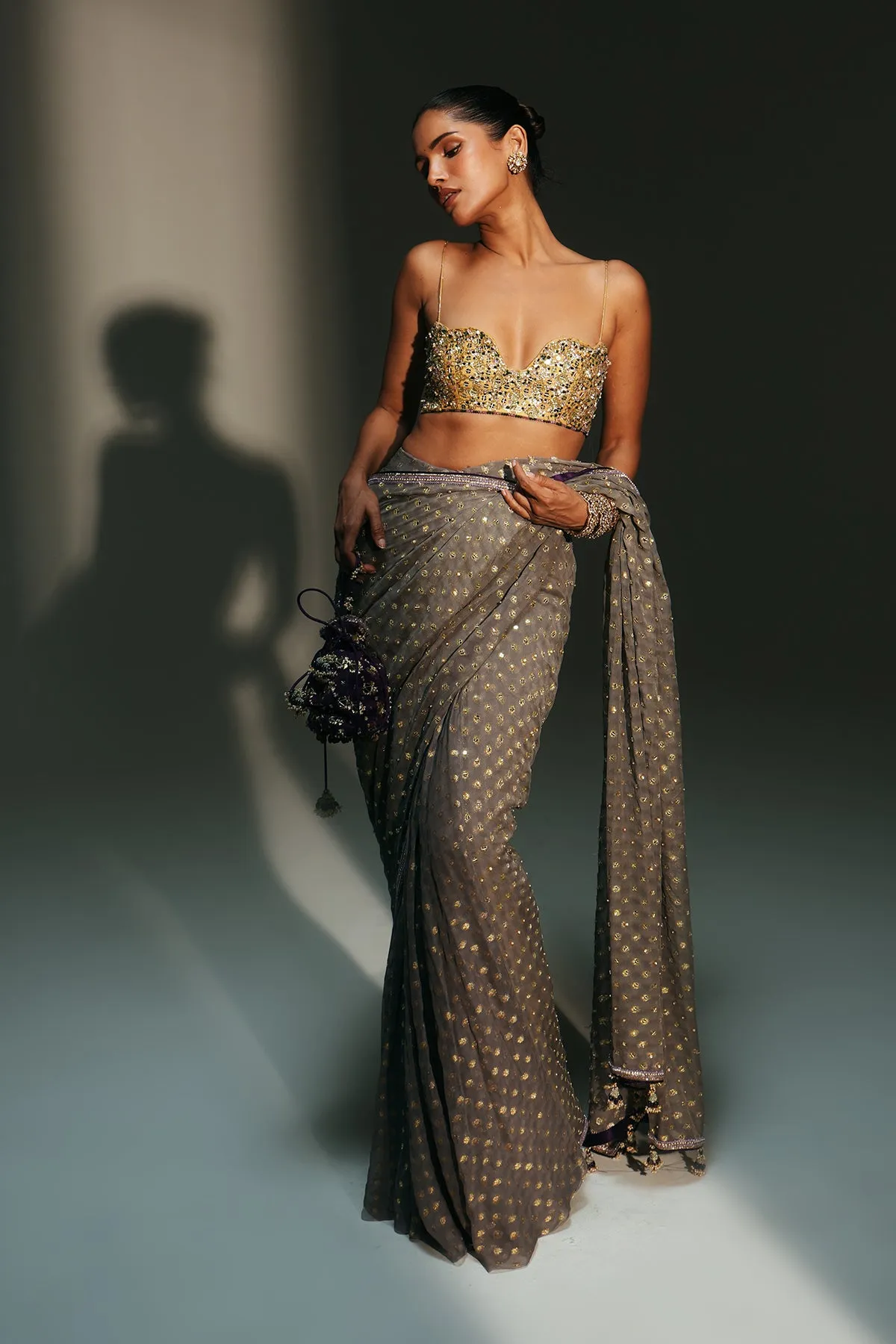 Smoky Grey Embellished Sari with Beaded Blouse