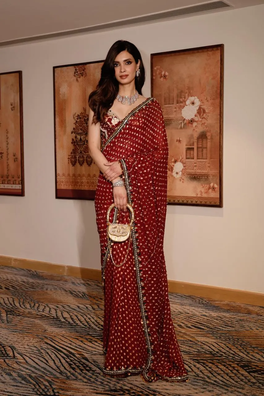 Crimson Embellished Sari with Ornate Border