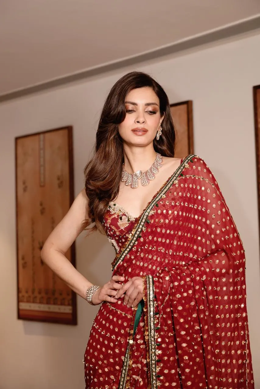 Crimson Embellished Sari with Ornate Border